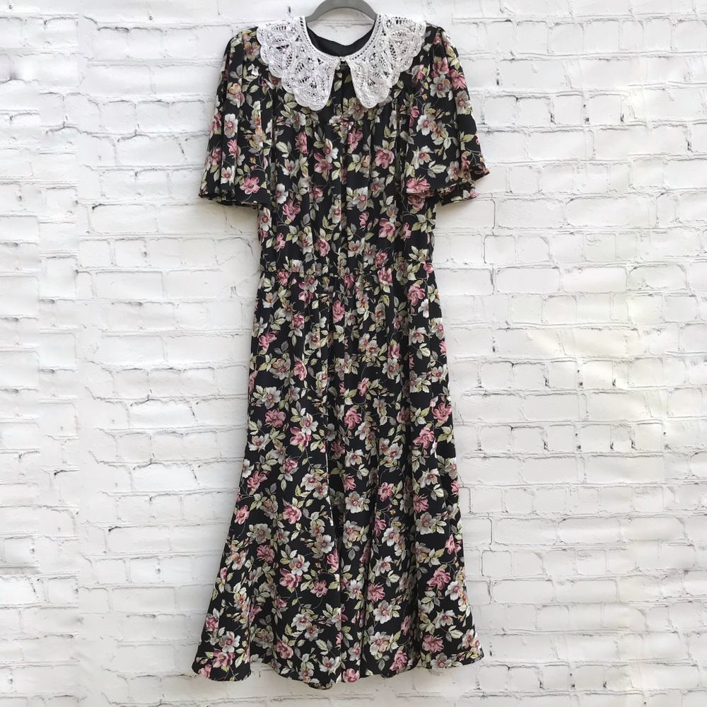 Vintage 1990's Black Floral Maxi Dress Lace Collar
